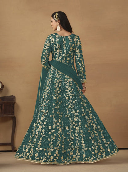 Green Butterfly Net Anarkali Suit With Embroidery Work