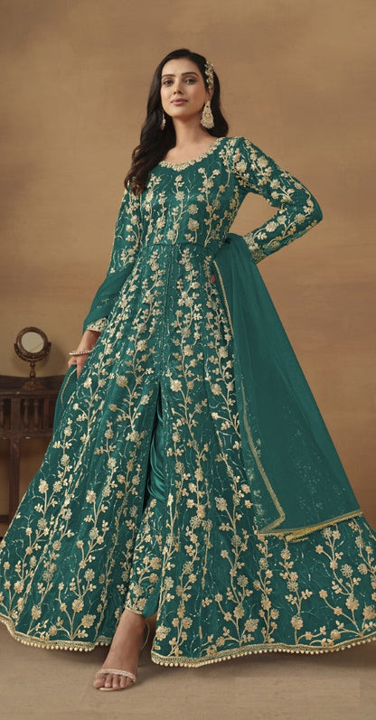 Green Butterfly Net Anarkali Suit With Embroidery Work