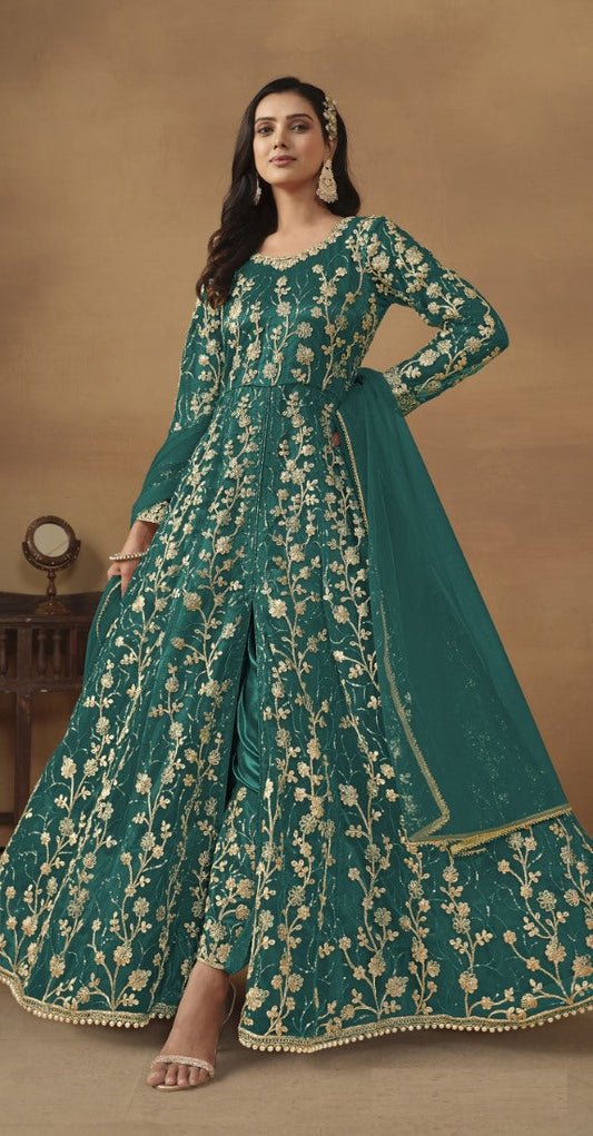 Green Butterfly Net Anarkali Suit With Embroidery Work