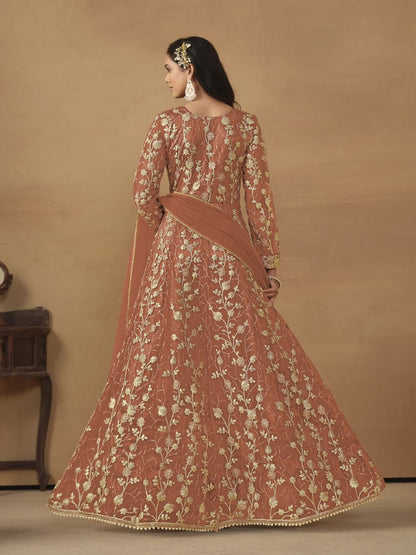 Orange Butterfly Net Anarkali Suit With Embroidery Work