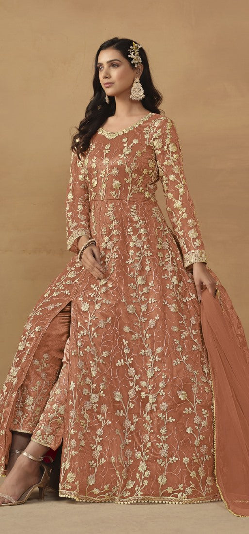 Orange Butterfly Net Anarkali Suit With Embroidery Work