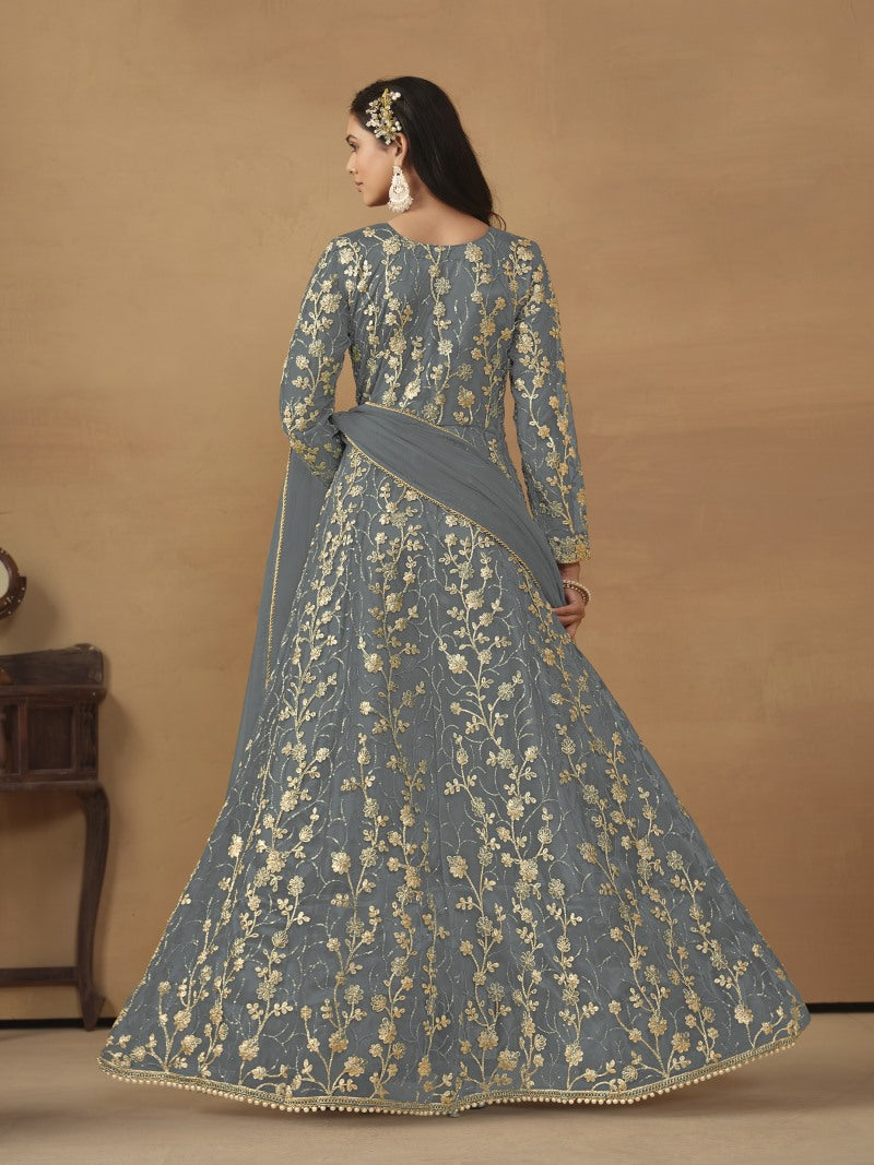 Grey Butterfly Net Anarkali Suit With Embroidery Work