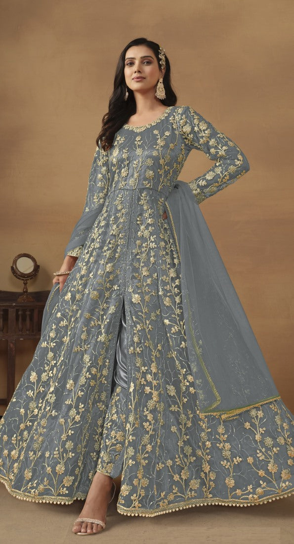 Grey Butterfly Net Anarkali Suit With Embroidery Work