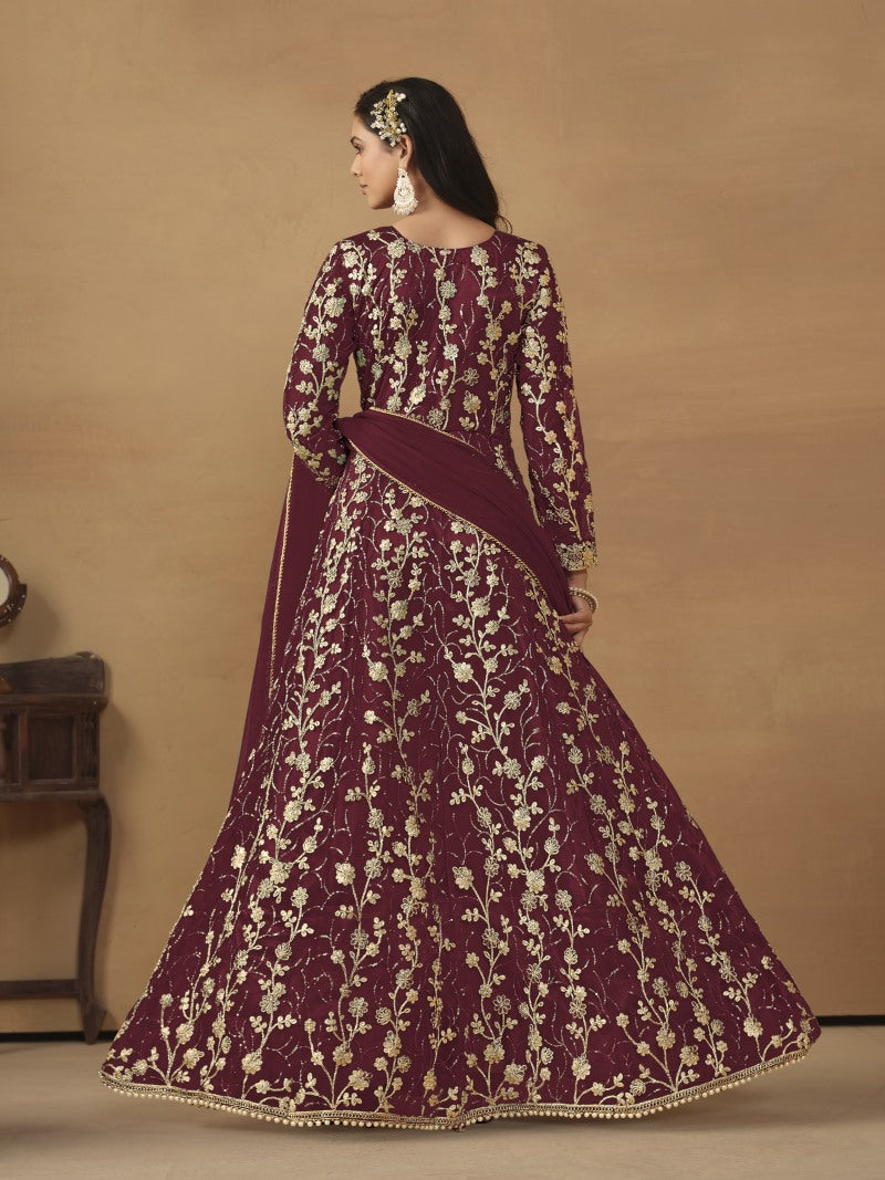 Maroon Butterfly Net Anarkali Suit With Embroidery Work