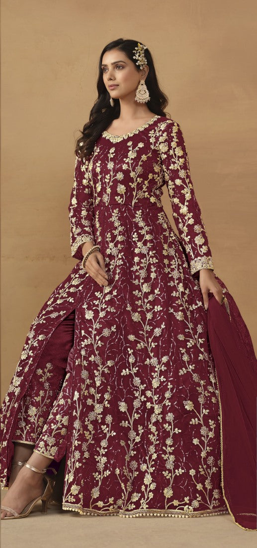 Maroon Butterfly Net Anarkali Suit With Embroidery Work