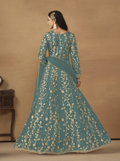 Sky Blue Butterfly Net Anarkali Suit With Embroidery Work