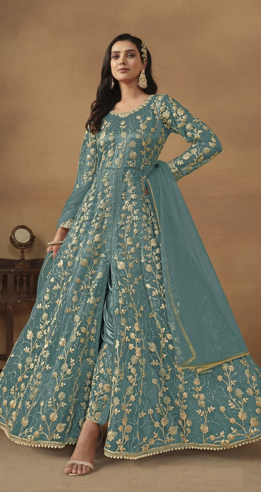 Sky Blue Butterfly Net Anarkali Suit With Embroidery Work