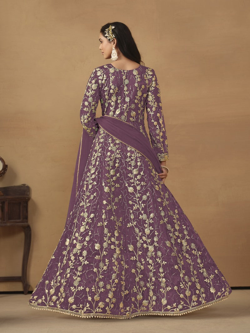 Wine Butterfly Net Anarkali Suit With Embroidery Work