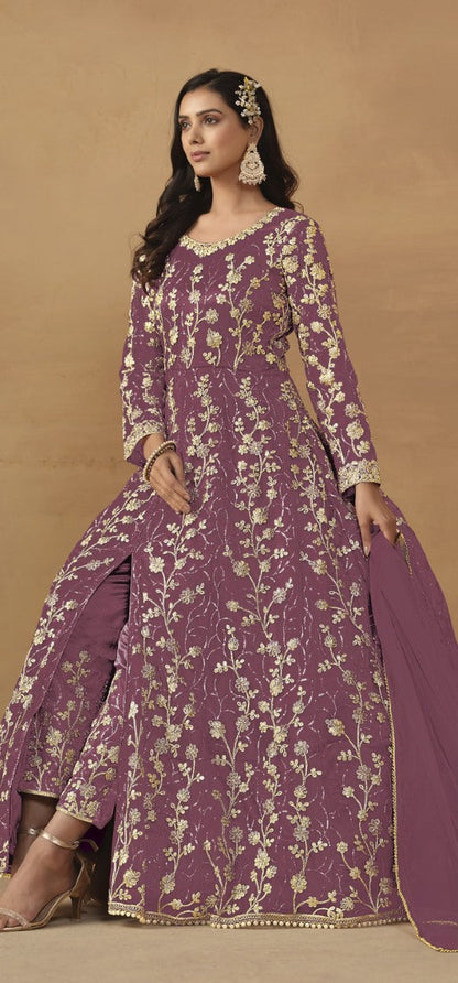 Wine Butterfly Net Anarkali Suit With Embroidery Work