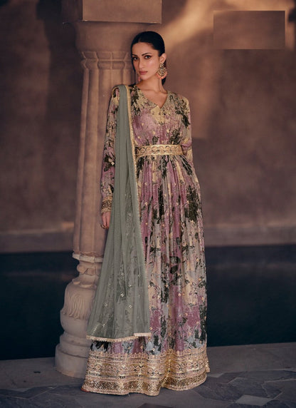 Grey Georgette Anarkali Suit With Embroidery and Sequins Work