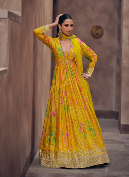 Yellow Georgette Anarkali Suit With Embroidery and Sequins Work