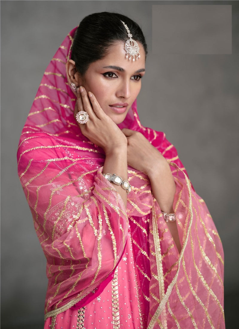 Pink Wide Palazzo Suit With Embroidery and Sequins Work