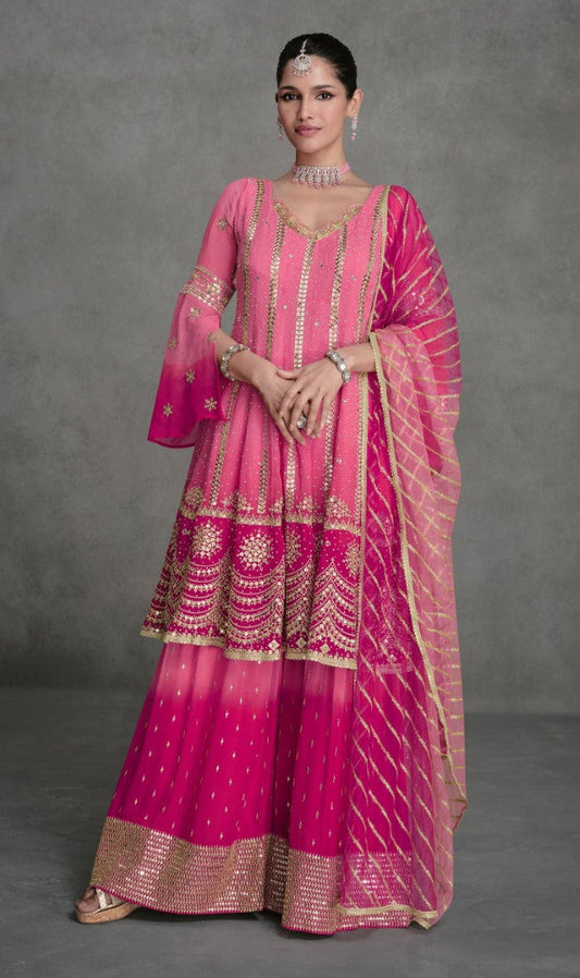 Pink Wide Palazzo Suit With Embroidery and Sequins Work