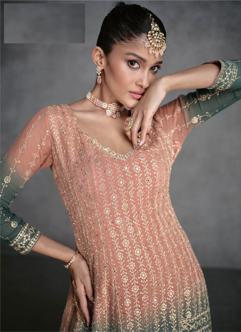 Peach Wide Palazzo Suit With Embroidery and Sequins Work