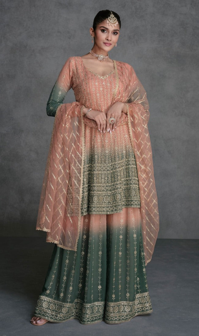 Peach Wide Palazzo Suit With Embroidery and Sequins Work