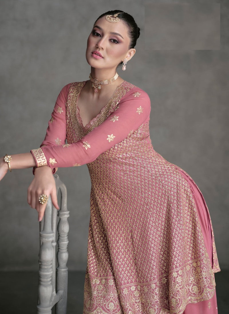 Pink Wide Palazzo Suit With Embroidery and Sequins Work