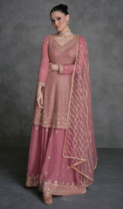 Pink Wide Palazzo Suit With Embroidery and Sequins Work