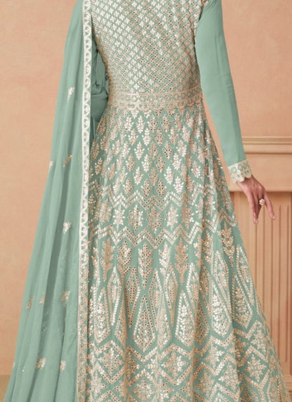 Aqua Blue Georgette Anarkali Suit With Embroidery and Sequins Work