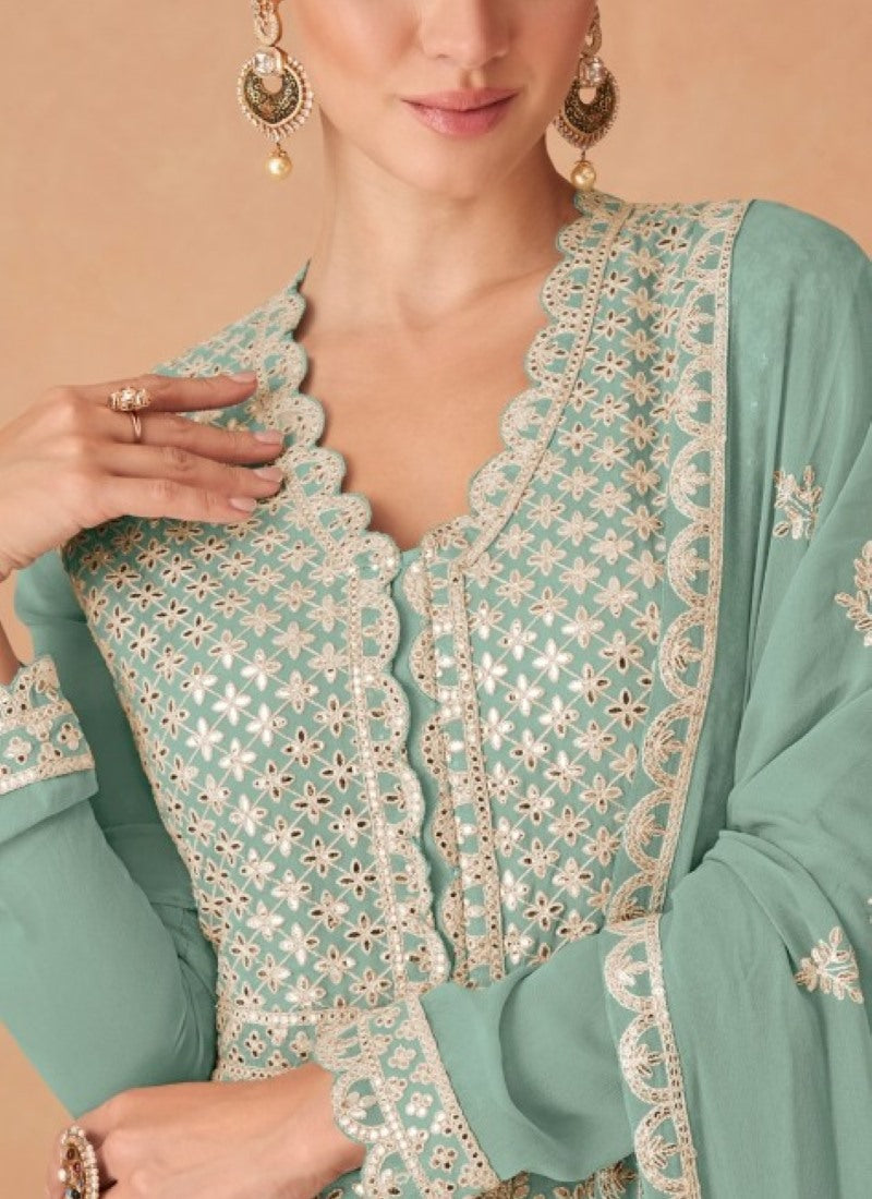 Aqua Blue Georgette Anarkali Suit With Embroidery and Sequins Work