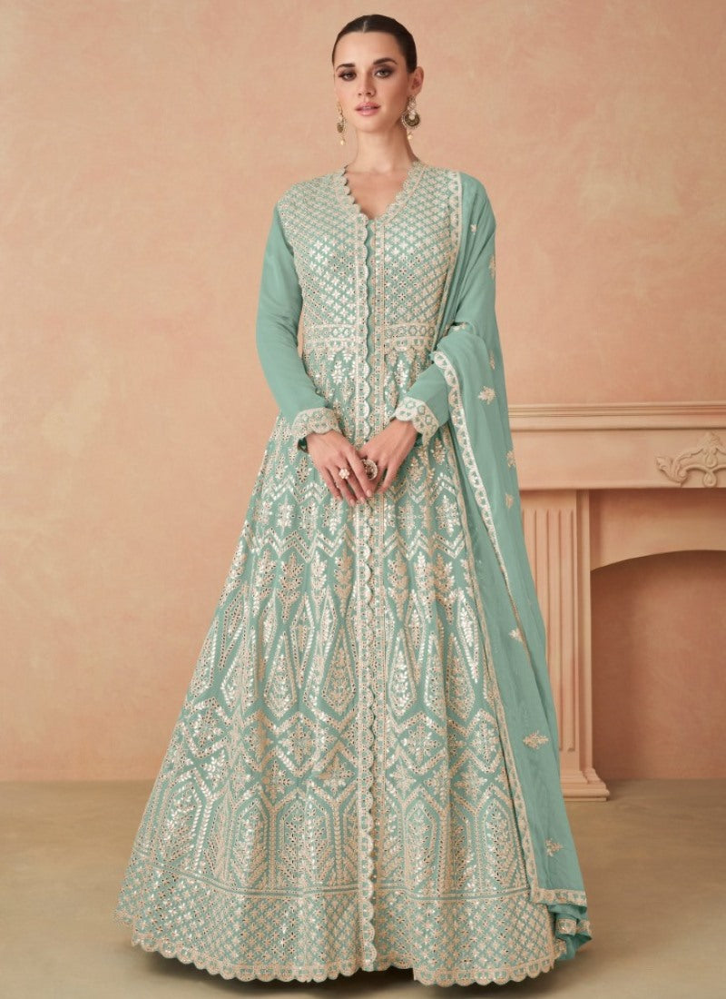 Aqua Blue Georgette Anarkali Suit With Embroidery and Sequins Work