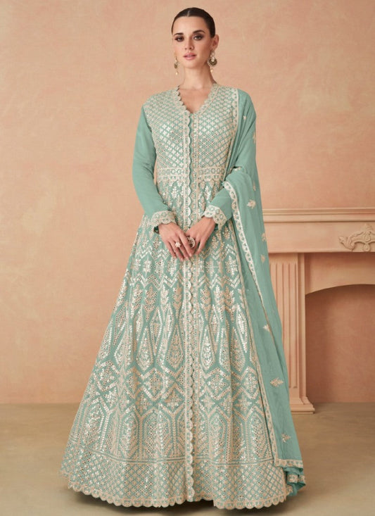 Aqua Blue Georgette Anarkali Suit With Embroidery and Sequins Work