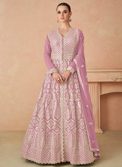 Pink Georgette Anarkali Suit With Embroidery and Sequins Work