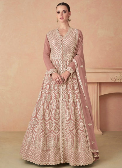 Peach Georgette Anarkali Suit With Embroidery and Sequins Work