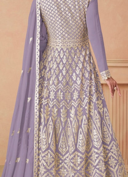 Lavender Georgette Anarkali Suit With Embroidery and Sequins Work