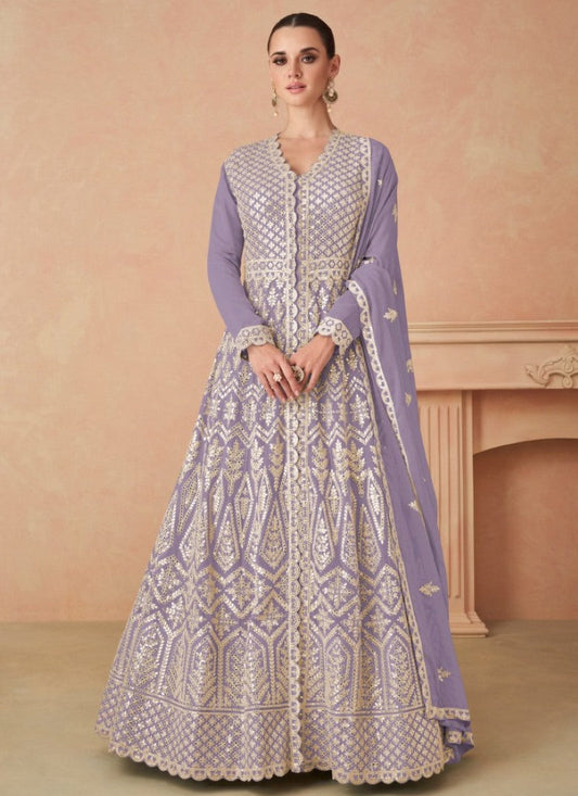 Lavender Georgette Anarkali Suit With Embroidery and Sequins Work