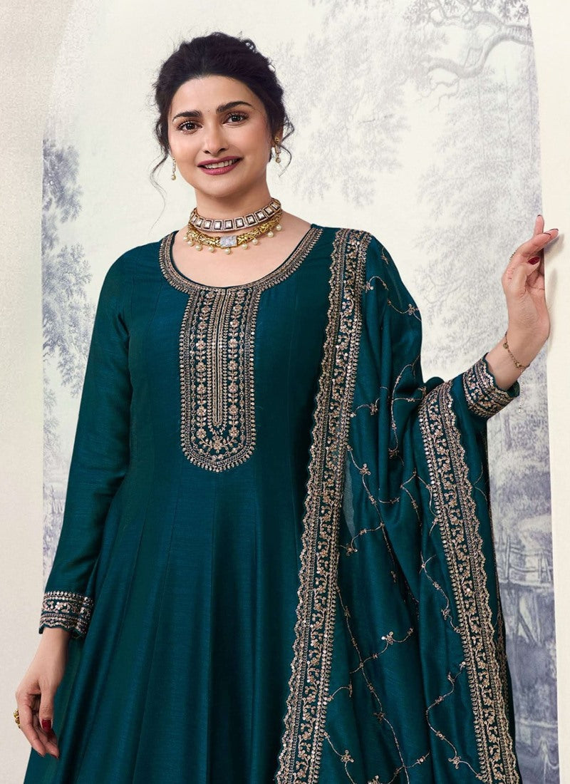 Teal Blue Georgette Long Anarkali Suit With Embroidery and Sequins Work