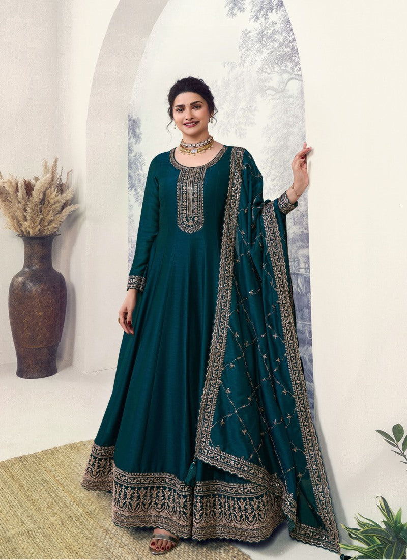 Teal Blue Georgette Long Anarkali Suit With Embroidery and Sequins Work