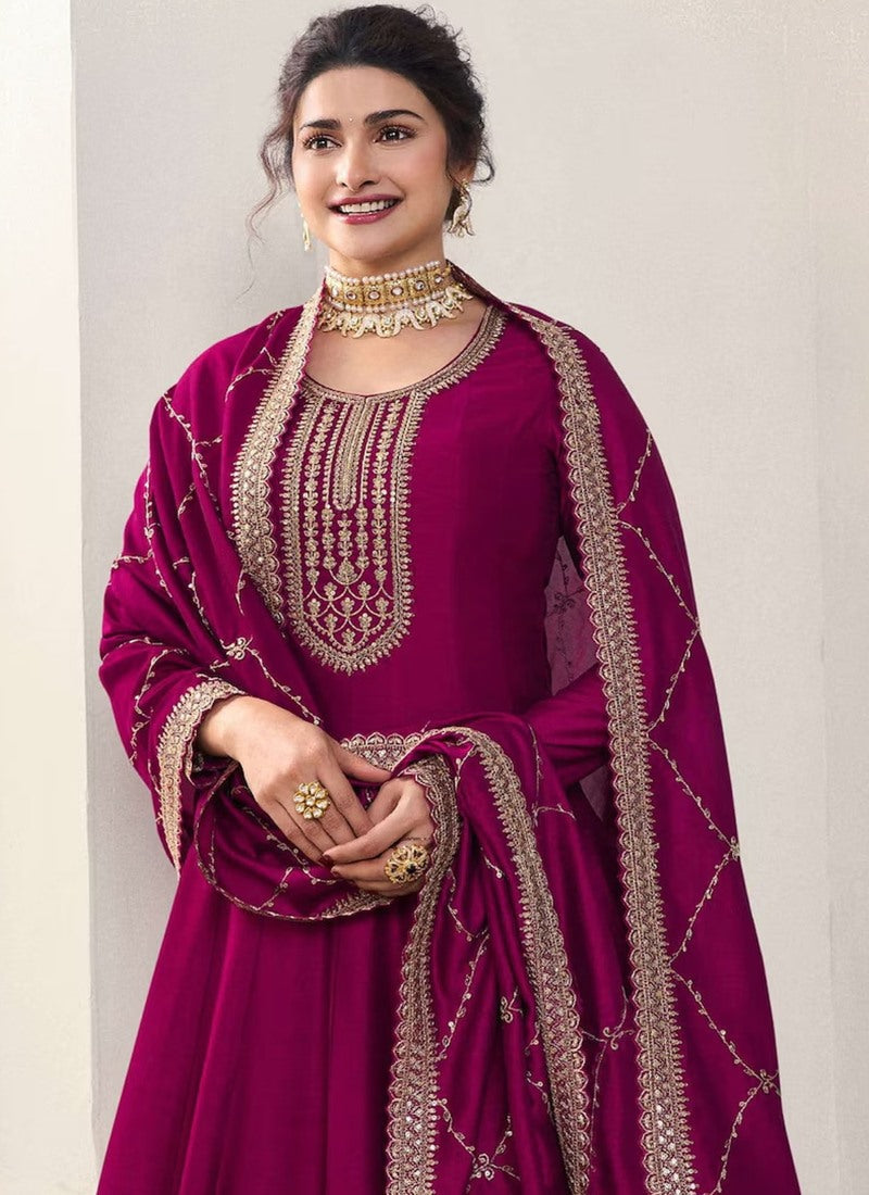 Wine Georgette Long Anarkali Suit With Embroidery and Sequins Work