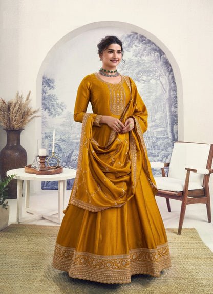 Yellow Georgette Long Anarkali Suit With Embroidery and Sequins Work