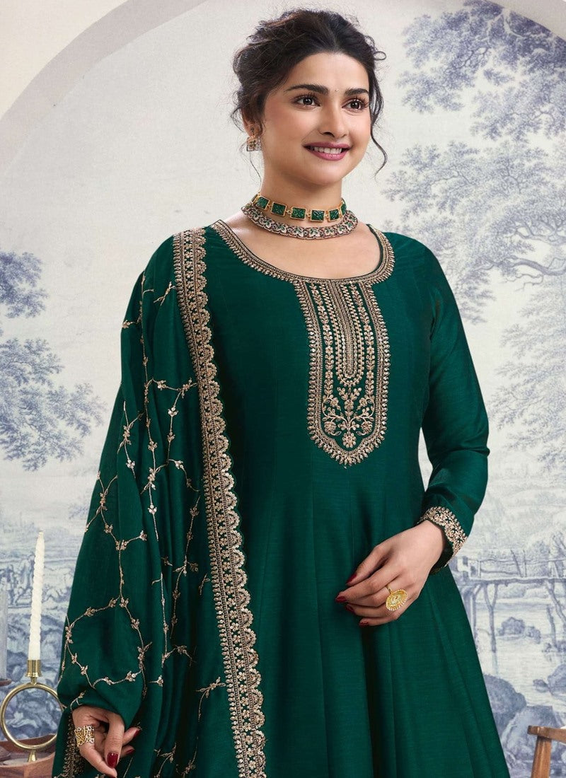 Green Georgette Long Anarkali Suit With Embroidery and Sequins Work