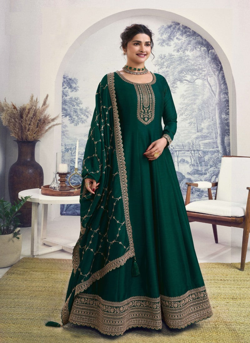 Green Georgette Long Anarkali Suit With Embroidery and Sequins Work