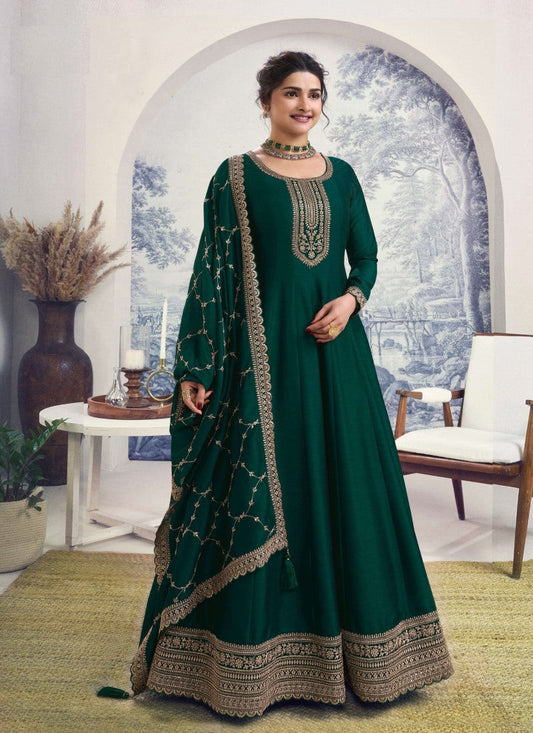 Green Georgette Long Anarkali Suit With Embroidery and Sequins Work