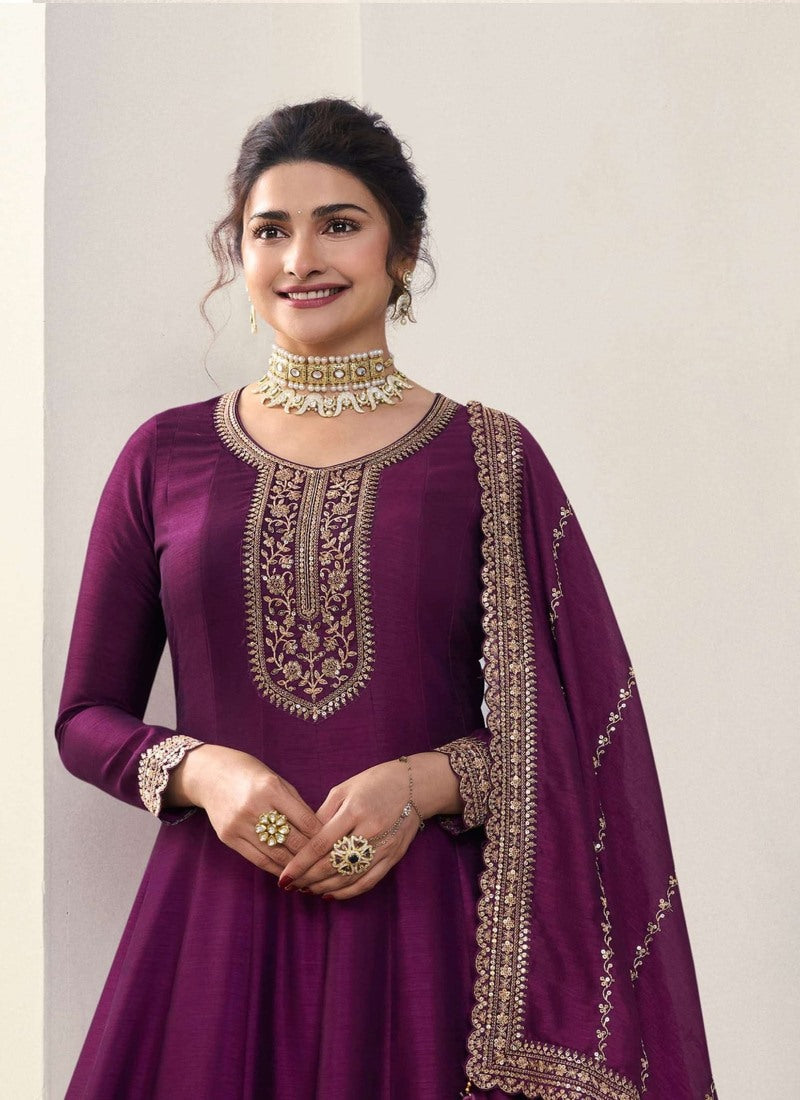 Purple Georgette Long Anarkali Suit With Embroidery and Sequins Work