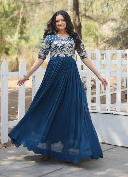 Teal Blue Georgette Anarkali Suit With Thread and Sequins Work