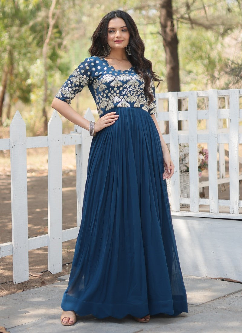 Teal Blue Georgette Anarkali Suit With Thread and Sequins Work