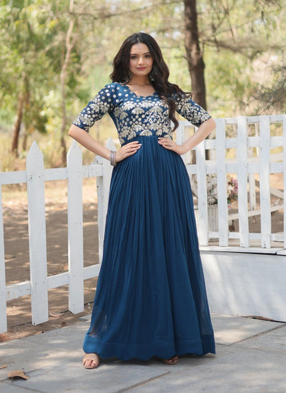 Teal Blue Georgette Anarkali Suit With Thread and Sequins Work