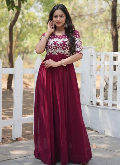 Maroon Georgette Anarkali Suit With Thread and Sequins Work