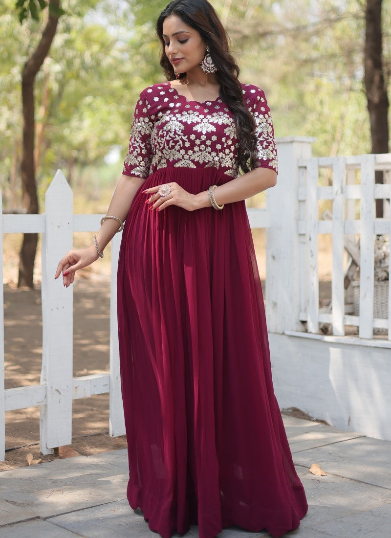 Maroon Georgette Anarkali Suit With Thread and Sequins Work