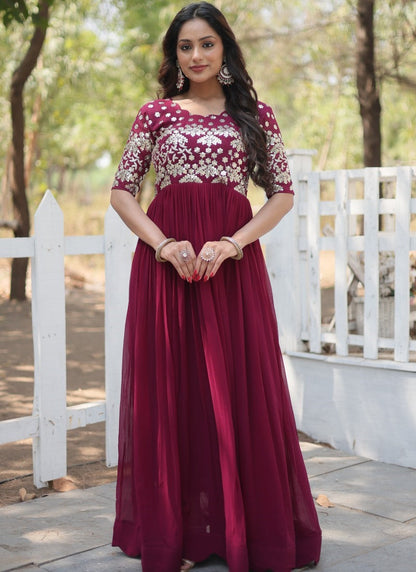 Maroon Georgette Anarkali Suit With Thread and Sequins Work