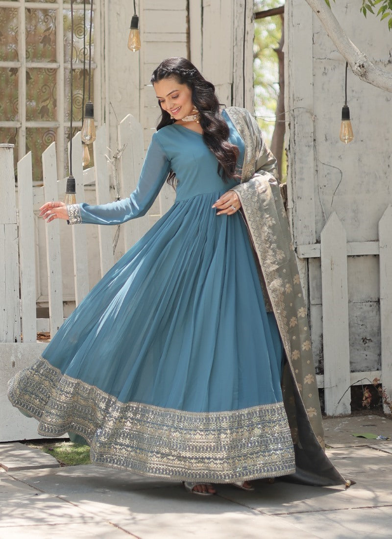 Blue Georgette Anarkali Suit With Thread and Sequins Work