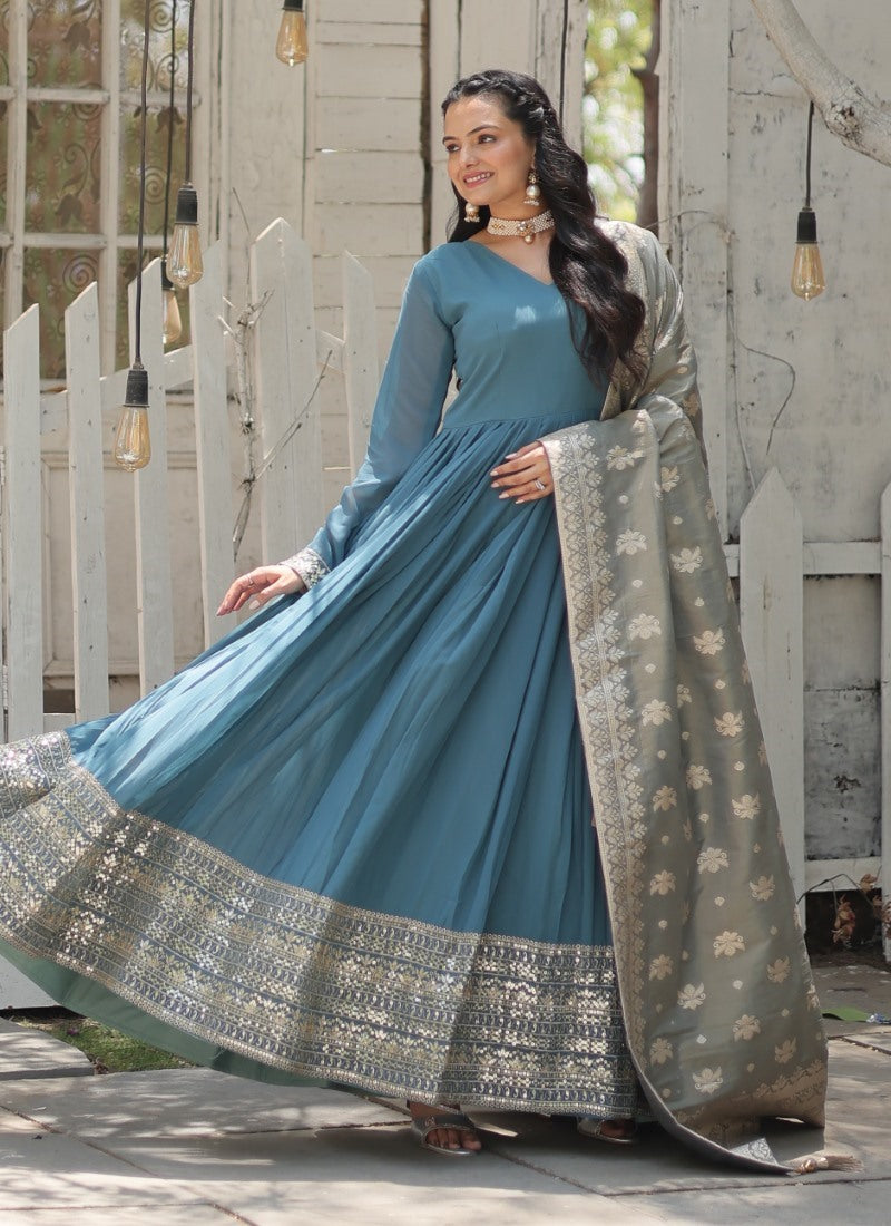 Blue Georgette Anarkali Suit With Thread and Sequins Work