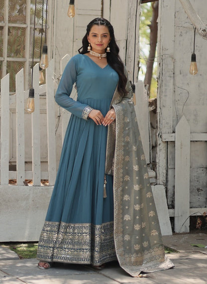 Blue Georgette Anarkali Suit With Thread and Sequins Work