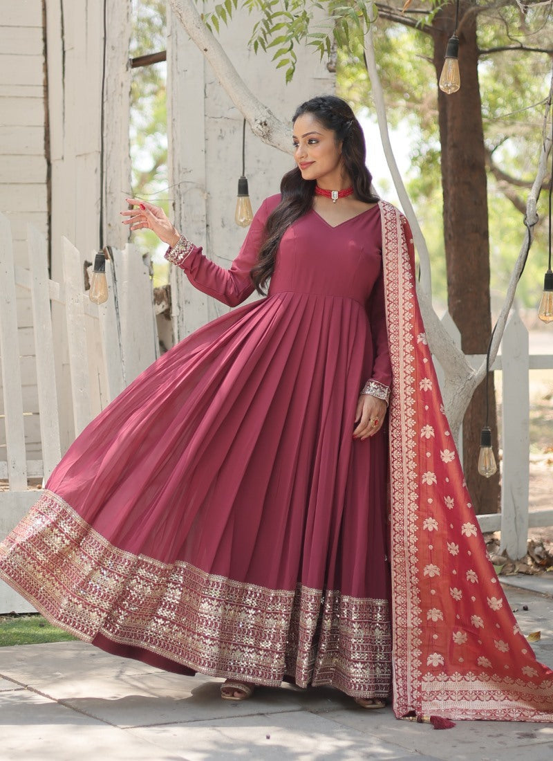 Maroon Georgette Anarkali Suit With Thread and Sequins Work