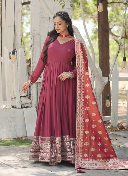 Maroon Georgette Anarkali Suit With Thread and Sequins Work