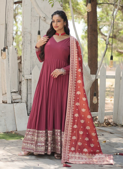 Maroon Georgette Anarkali Suit With Thread and Sequins Work