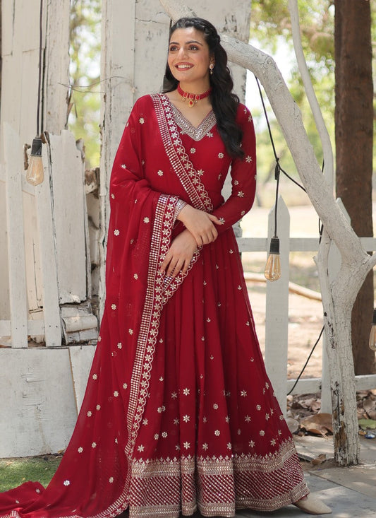 Red Georgette Anarkali Suit With Thread and Sequins Work